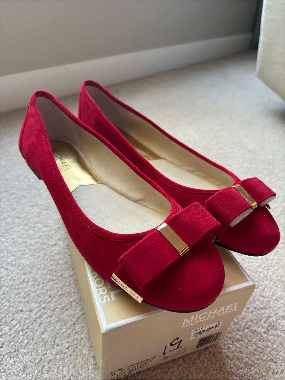 New! Michael Kors Red Suede Bow Flats with Gold Accent